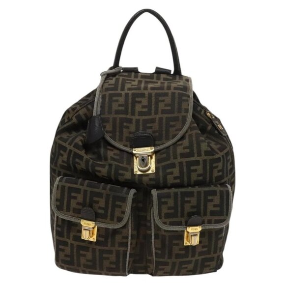 FENDI Zucca Canvas Backpack Black Brown gold Auth 123804 main image 15
